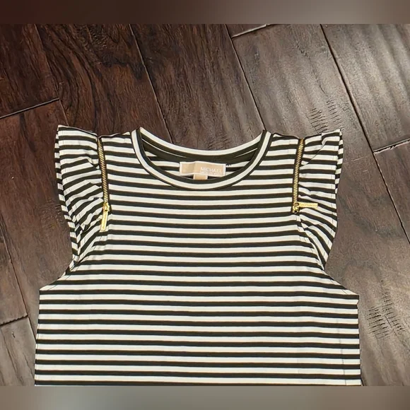 Michael Kors Olive & White Striped Dress XS Gold Shoulder Zippers 🚢 - Picture 6 of 9